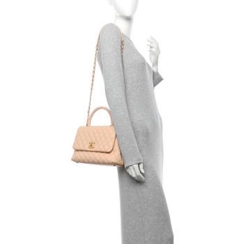 CHANEL Caviar Quilted Small Coco Handle Flap Beige
