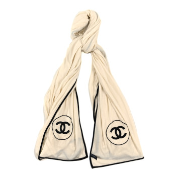 CHANEL Cashmere Silk CC Stole Ivory Black