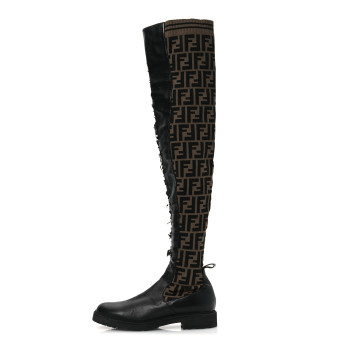 FENDI Nappa Microfiber Fabric FF Rockoko Thigh High Boots 39.5 Black Tobacco
