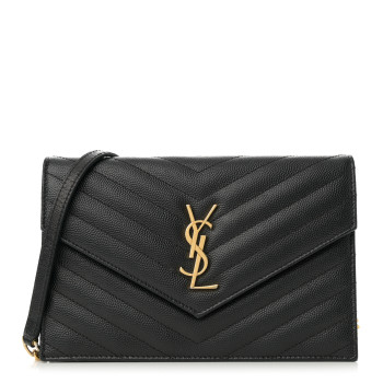 SAINT LAURENT Grain De Poudre Matelasse Chevron Monogram Envelope Chain Wallet Black