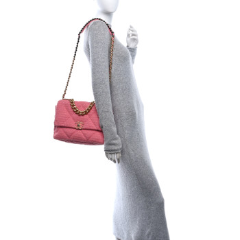 CHANEL Metallic Tweed Quilted Large Chanel 19 Flap Pink