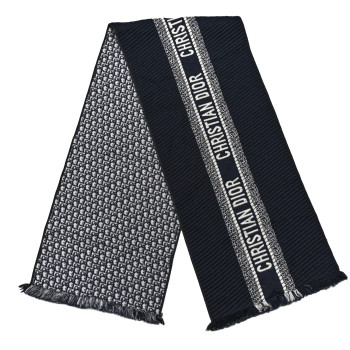 CHRISTIAN DIOR Wool Silk Oblique University Reversible Scarf Navy Blue