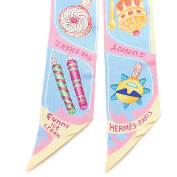 HERMES Silk Funny Ice Cream Twilly Bleu Ciel Rose Bonbon