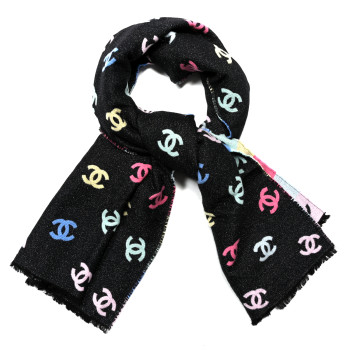 CHANEL Cashmere Silk Wool CC Stole Black Multicolor