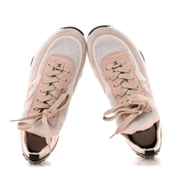 CHANEL Mesh Suede Fabric Womens CC Sneakers 38 Light Pink
