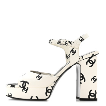 CHANEL Printed Lambskin Coco Beach Platform Sandals 37 White Black
