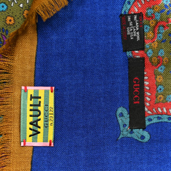 GUCCI Wool Silk Paisley Print Fringe Shawl Blue Multicolor