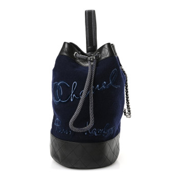 CHANEL Wool Calfskin Embroidered Paris Hamburg Drawstring Backpack Navy Blue