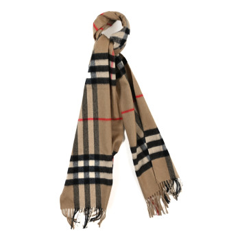 BURBERRY Cashmere Giant Check Fringe Scarf Camel