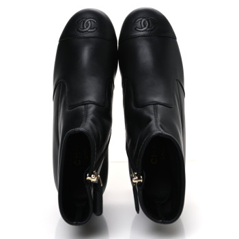 CHANEL Stretch Lambskin Cap Toe CC Short Boots 36.5 Black