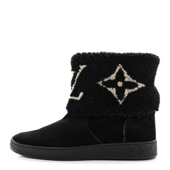 LOUIS VUITTON Suede Calfskin Shearling Snowdrop Flat Ankle Boot 38.5 Black