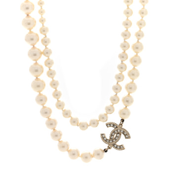 CHANEL Pearl Baguette Crystal Long CC Necklace Gold