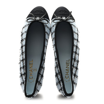 CHANEL Tweed Grosgrain Cap Toe Ballerina Flats 39.5 Light Blue Black