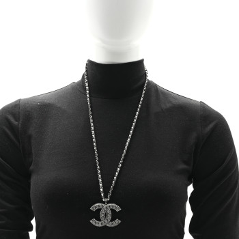 CHANEL Ruthenium Crystal Lambskin CC Pendant Necklace Silver