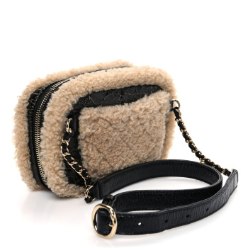CHANEL Shiny Crumpled Sheepskin Shearling Waist Bag Black Beige