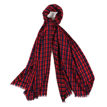 LOUIS VUITTON Silk Wool Monogram Fringe Stole Red Blue