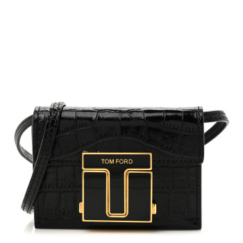 TOM FORD Calfskin Crocodile Embossed Mini T Clasp Accordion Wallet With Strap Black