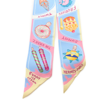HERMES Silk Funny Ice Cream Twilly Bleu Ciel Rose Bonbon