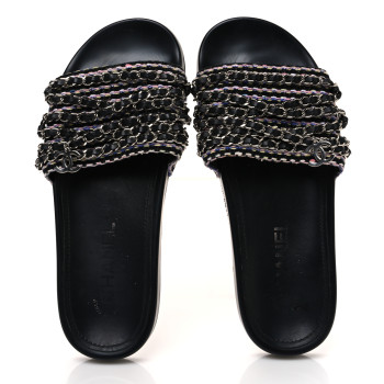 CHANEL Tweed Lambskin Chain Flat Sandals 37 Black Multicolor