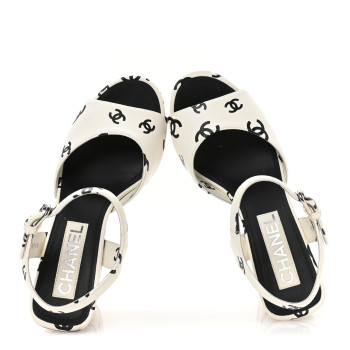 CHANEL Printed Lambskin Coco Beach Platform Sandals 37 White Black