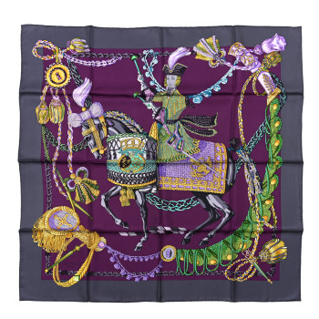 HERMES Silk Le Timbalier Scarf 90 Anthracite Violet Vert