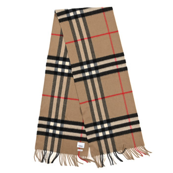 BURBERRY Cashmere Giant Check Fringe Scarf Camel