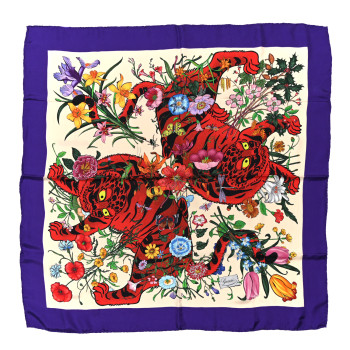 GUCCI Silk Floral Tiger Scarf Purple Multicolor