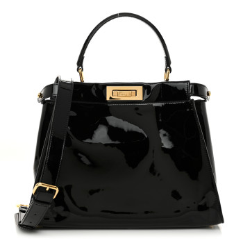 FENDI Patent Glazed Fabric FF 1974 Medium Peekaboo Iconic Defender Satchel Mogano Panna Black