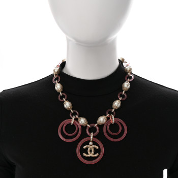 CHANEL Pearl Crystal Resin CC Round Charms Necklace Gold Pink
