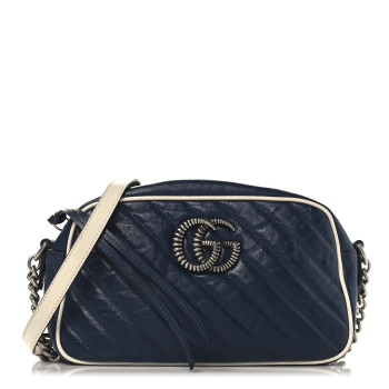 GUCCI Vintage Effect Calfskin Matelasse Diagonal Small Torchon GG Marmont Chain Shoulder Bag Blue Agata Mystic White