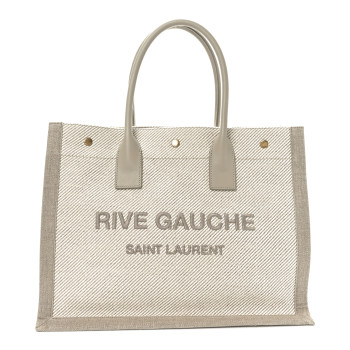 SAINT LAURENT Linen Calfskin Small Rive Gauche Tote Beige Sea Salt