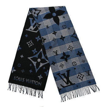 LOUIS VUITTON Wool Cashmere Monogram Galaxy Tartan City Scarf Black