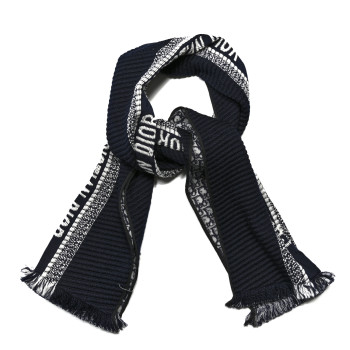 CHRISTIAN DIOR Wool Silk Oblique University Reversible Scarf Navy Blue