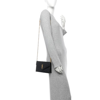 SAINT LAURENT Grain De Poudre Matelasse Chevron Monogram Envelope Chain Wallet Black