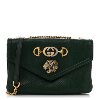 GUCCI Snakeskin Crystal Medium Rajah Shoulder Bag Emerald Green