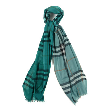 BURBERRY Wool Silk Gauze Giant Check Scarf Turquoise