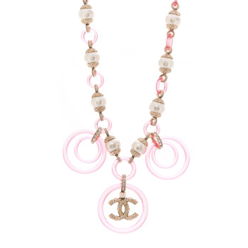 CHANEL Pearl Crystal Resin CC Round Charms Necklace Gold Pink