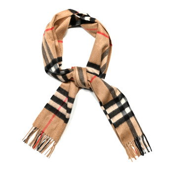 BURBERRY Cashmere Giant Check Fringe Scarf Camel