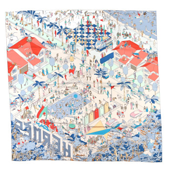 HERMES Silk On The Beach Scarf 90 Gris Argent Bleu Grenadine