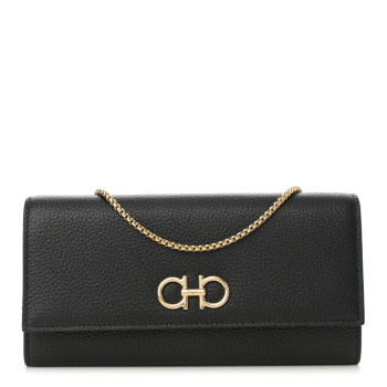 SALVATORE FERRAGAMO Hammered Calfskin Gancini Wallet On Chain Black