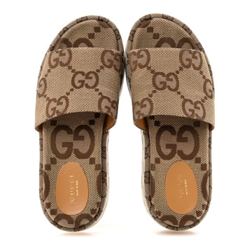 GUCCI Monogram Maxi GG Angelina Platform 55mm Slide Sandals 38.5 Camel Ebony