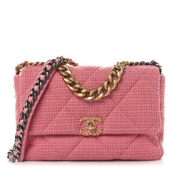CHANEL Metallic Tweed Quilted Large Chanel 19 Flap Pink