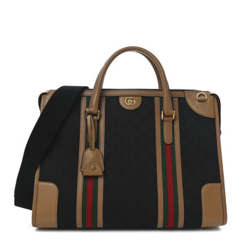 GUCCI Monogram Textured Dollar Calfskin Web Large Bauletto Duffle Top Handle Bag Black Koi Beige
