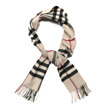 BURBERRY Cashmere Giant Check Fringe Scarf Stone