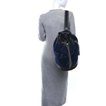 CHANEL Wool Calfskin Embroidered Paris Hamburg Drawstring Backpack Navy Blue