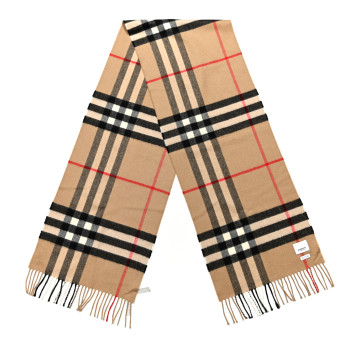 BURBERRY Cashmere Giant Check Fringe Scarf Camel