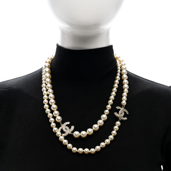 CHANEL Pearl Baguette Crystal Long CC Necklace Gold