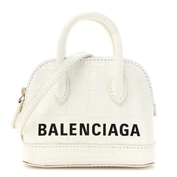 BALENCIAGA Calfskin Logo Crocodile Embossed Mini Ville Top Handle Bag White Black