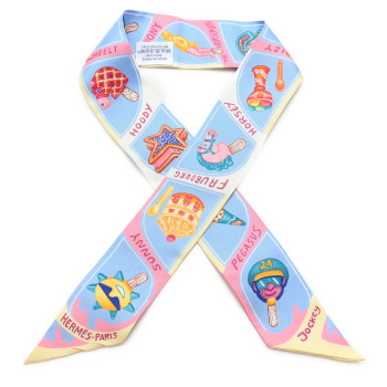 HERMES Silk Funny Ice Cream Twilly Bleu Ciel Rose Bonbon