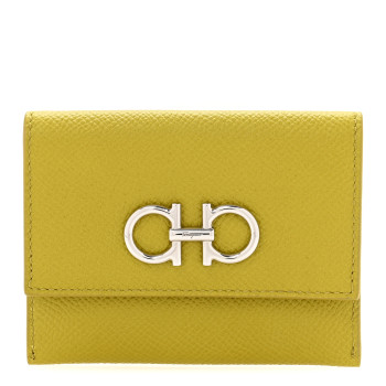 SALVATORE FERRAGAMO Grained Calfskin Flap Card Holder Lemon Grass